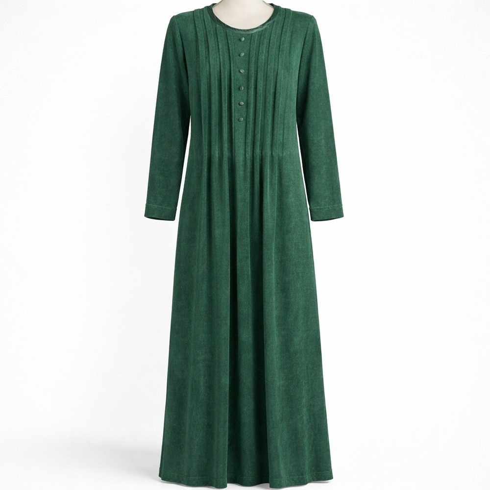 Vintage FADS 90s Pleated Velvet Button Maxi Dress Green L Cottagecore Victorian‎